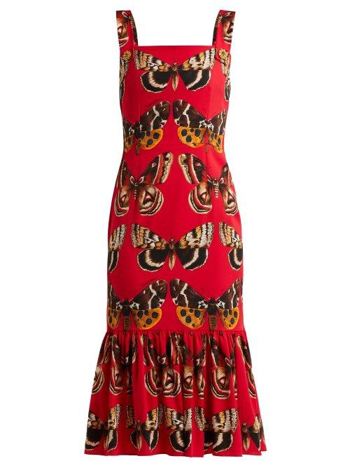 Matchesfashion.com Dolce & Gabbana - Butterfly Print Silk Blend Midi Dress - Womens - Red Print
