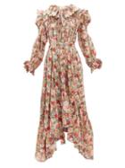 Matchesfashion.com Horror Vacui - Defensia Floral Print Smocked Cotton Dress - Womens - Red Multi