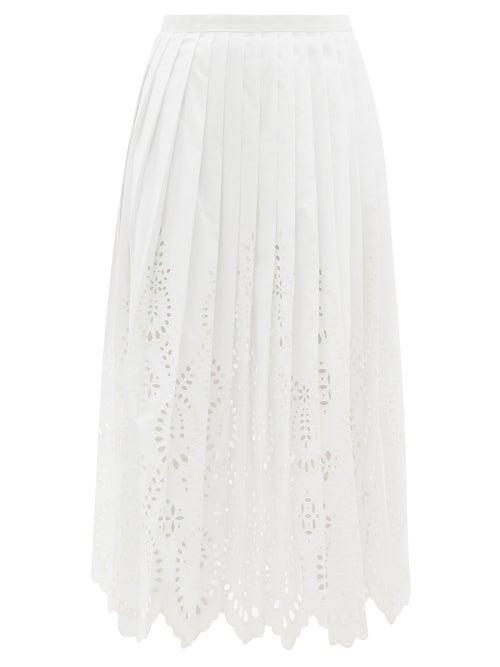 Ladies Rtw Valentino - Sangallo-embroidered Pleated Cotton-blend Skirt - Womens - White