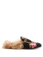 Matchesfashion.com Gucci - Princetown Shearling Lined Rose Print Loafers - Womens - Black Multi