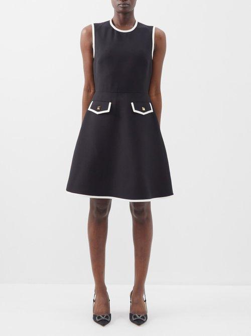Valentino - Crepe Couture Contrast-trim Wool-blend Dress - Womens - Black White