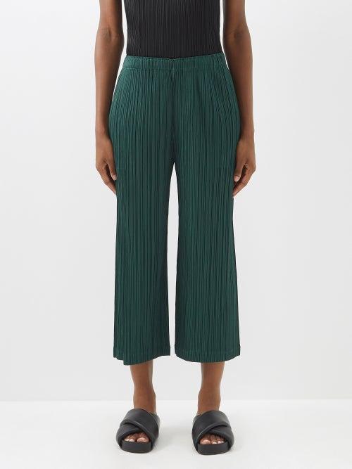 Pleats Please Issey Miyake - Cropped Technical-pleated Trousers - Womens - Dark Green