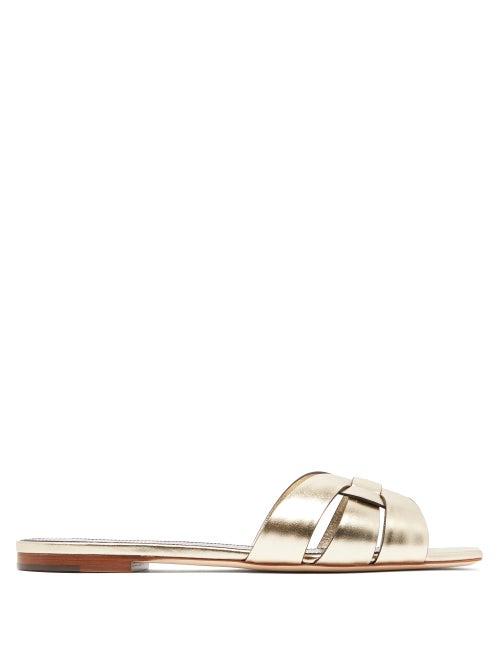 Matchesfashion.com Saint Laurent - Tribute Nu Pieds Metallic-leather Slides - Womens - Gold