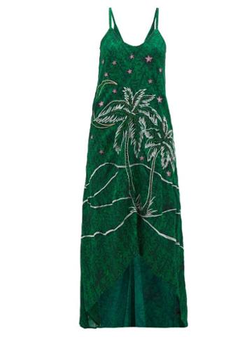 Matchesfashion.com Chufy - Kaf Embroidered Abstract Print Crepe Dress - Womens - Green Print