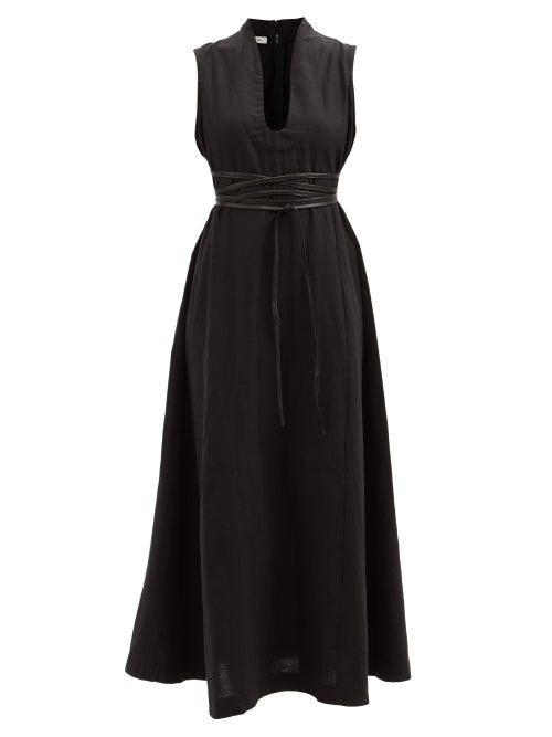 Fil De Vie - Juliette Belted Linen Maxi Dress - Womens - Black