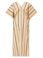 Matchesfashion.com Jil Sander - Striped V-neck Cotton-poplin Kaftan - Womens - Beige Multi