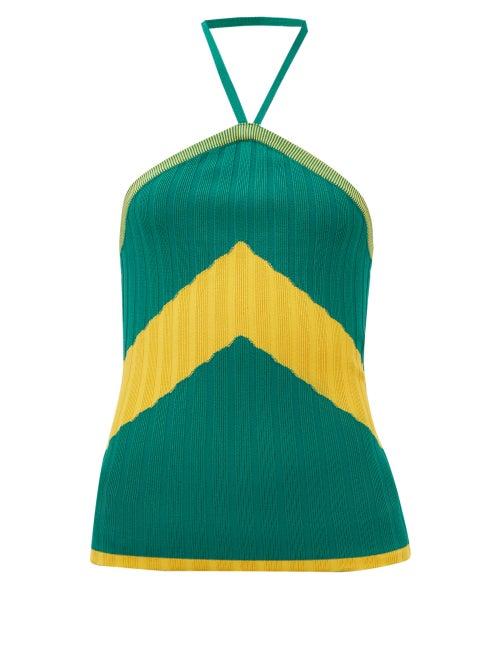 Wales Bonner - Star Halterneck Chevron-striped Ribbed-jersey Top - Womens - Green Multi