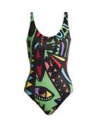 Matchesfashion.com Ellie Rassia - Open Your Eyes Print Baywatch Swimsuit - Womens - Multi