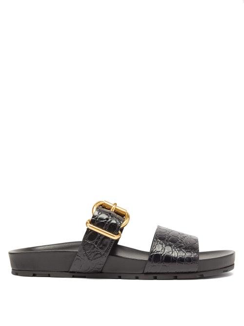 Matchesfashion.com Prada - Double Strap Crocodile Embossed Leather Sandals - Womens - Black