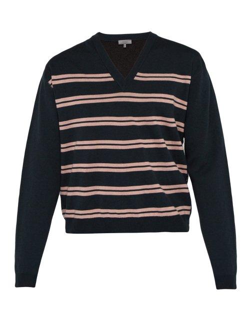 Matchesfashion.com Lanvin - Striped V Neck Cotton Blend Sweater - Mens - Dark Blue