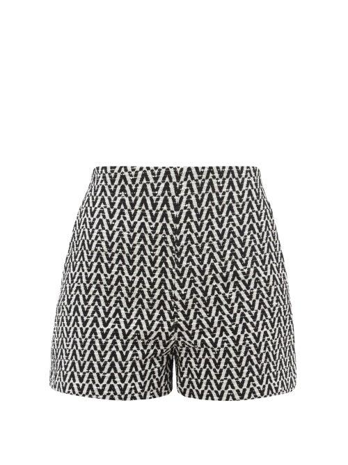 Ladies Rtw Valentino - Optical-jacquard Cotton-blend Boucl Shorts - Womens - Black White