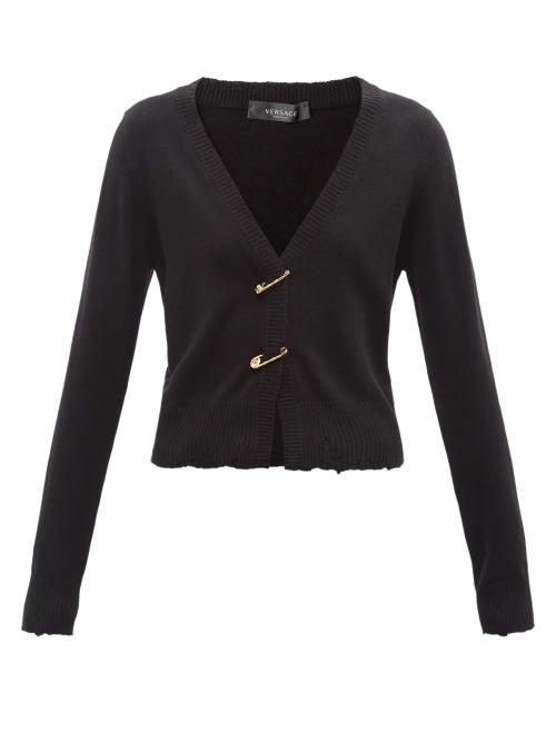 Ladies Rtw Versace - Safety Pin V-neck Cashmere-blend Cardigan - Womens - Black