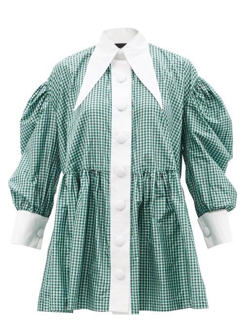 Elzinga - Exaggerated-collar Gingham-silk Babydoll Dress - Womens - Green Multi