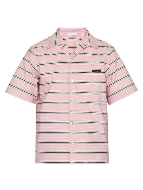 Matchesfashion.com Prada - Striped Short Sleeved Cotton Shirt - Mens - Pink Multi