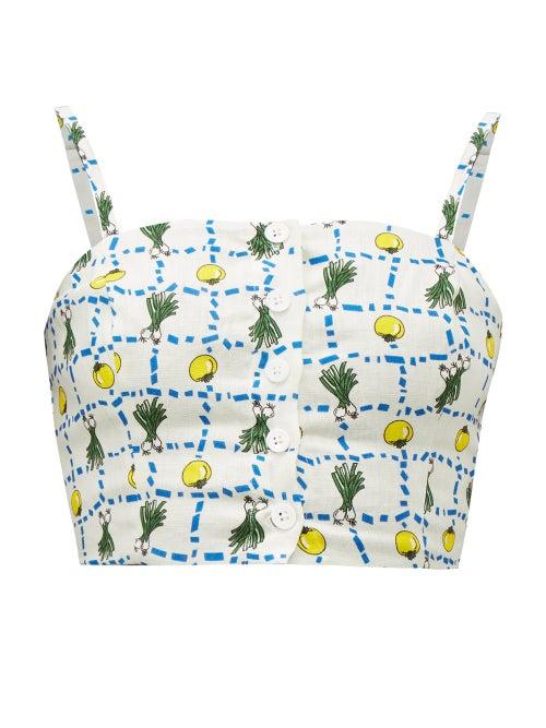 Matchesfashion.com Staud - Pear Vegetable Print Cropped Linen Top - Womens - Ivory Multi