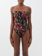 Norma Kamali - Bishop Floral-print Strapless Swimsuit - Womens - Black Red