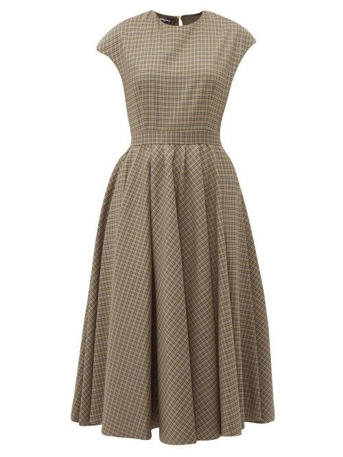 Matchesfashion.com Rochas - Full Skirt Checked Wool Blend Midi Dress - Womens - Brown Multi