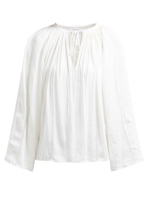Matchesfashion.com Frame - Lattice Trimmed Tie Front Peasant Top - Womens - Cream