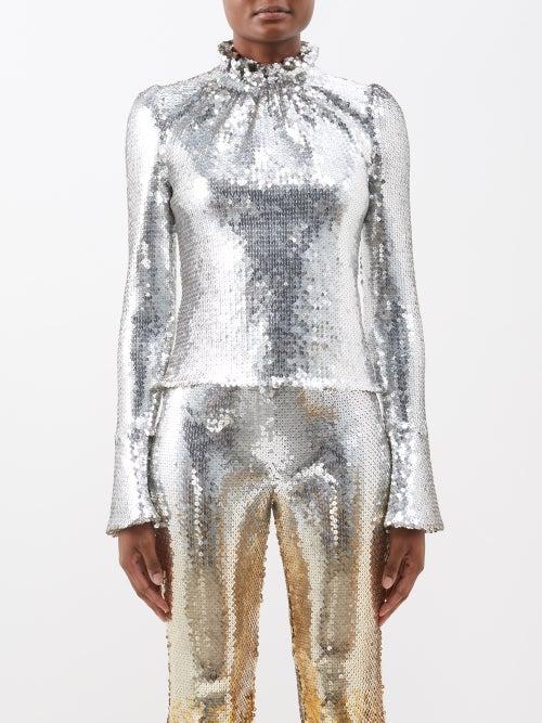 Paco Rabanne - Ruffled-neck Sequinned Top - Womens - Silver