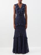 Saloni - Rita Ruffled Floral-print Silk Maxi Dress - Womens - Dark Blue