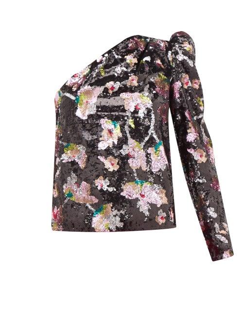 Matchesfashion.com Self-portrait - One Shoulder Sequin Floral Velvet Top - Womens - Black Multi