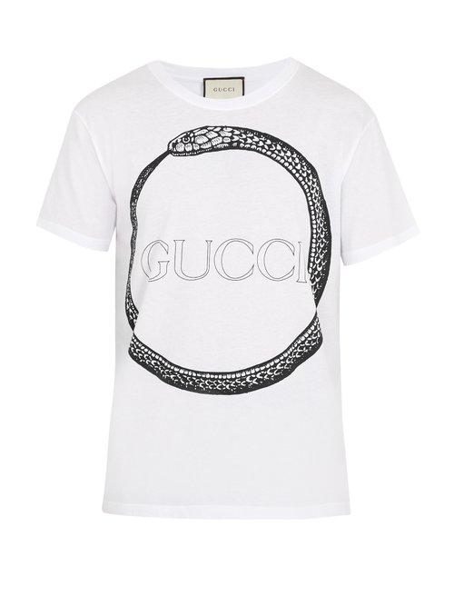 Matchesfashion.com Gucci - Snake And Logo Print Cotton T Shirt - Mens - White