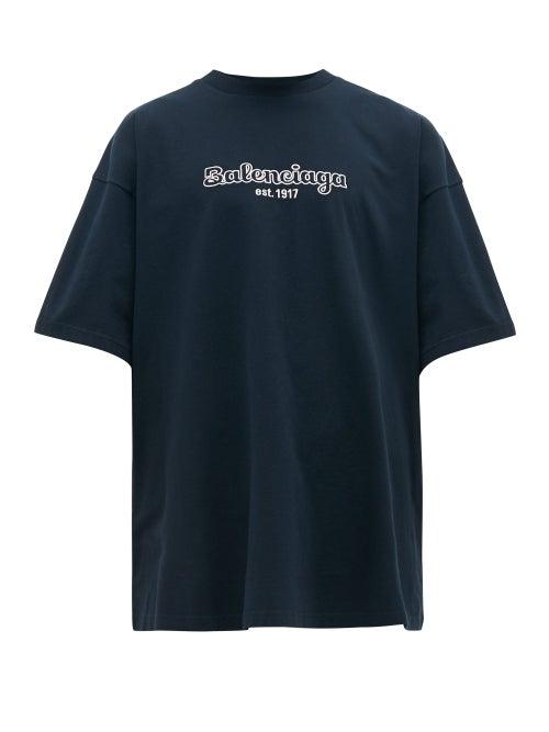 Matchesfashion.com Balenciaga - Logo Embroidered Cotton Jersey T Shirt - Mens - Navy White