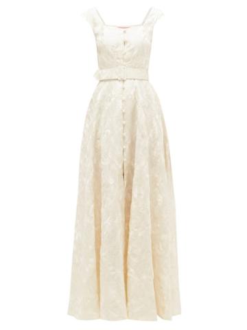 Matchesfashion.com Marta Ferri - Belted Floral-embroidered Linen Gown - Womens - Cream