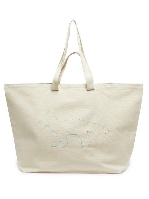 Matchesfashion.com Maison Kitsun - Xxl Rainbow Profile-embroidered Cotton Tote Bag - Mens - White