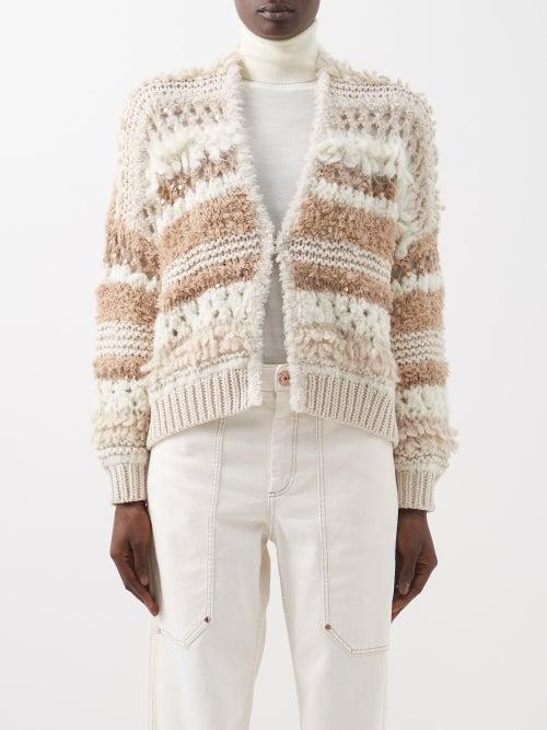 Brunello Cucinelli - Sequinned Striped Cashmere Cardigan - Womens - Beige Multi