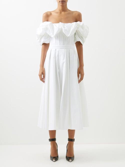 Alexander Mcqueen - Ruffled Off-the-shoulder Cotton-poplin Midi Dress - Womens - White