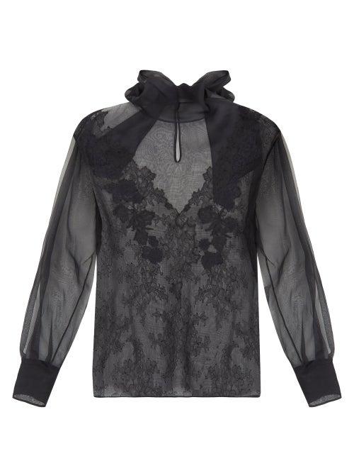 Valentino - Pussybow Floral-embroidered Silk-organza Blouse - Womens - Black
