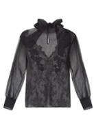 Valentino - Pussybow Floral-embroidered Silk-organza Blouse - Womens - Black