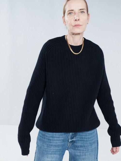 Raey - Crew Neck Wool And Cashmere-blend Ribbed Jumper - Womens - Dark Navy