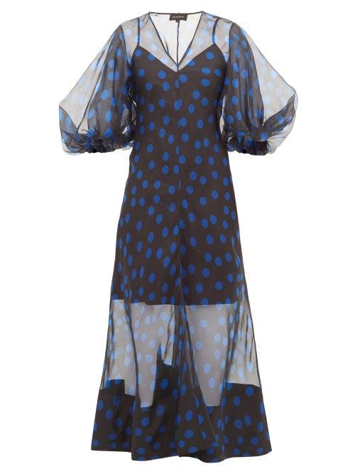 Matchesfashion.com Lee Mathews - Rayne Puff Sleeve Polka Dot Organza Midi Dress - Womens - Black Navy