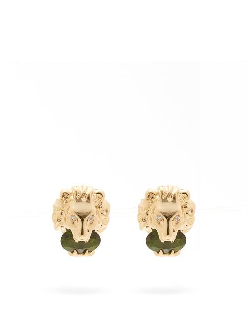 Matchesfashion.com Gucci - Lion Crystal-embellished 18kt-gold Stud Earrings - Womens - Green Gold