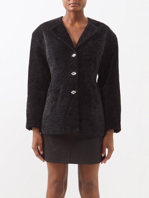 Ganni - Crystal-button Ribbed Velvet Blazer - Womens - Black