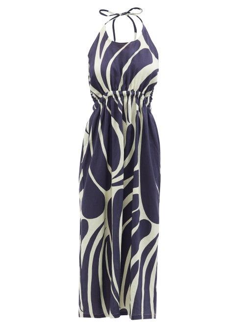 Ladies Beachwear Cala De La Cruz - Robyn Halterneck Abstract-print Linen Midi Dress - Womens - Navy Multi