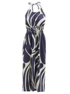 Ladies Beachwear Cala De La Cruz - Robyn Halterneck Abstract-print Linen Midi Dress - Womens - Navy Multi