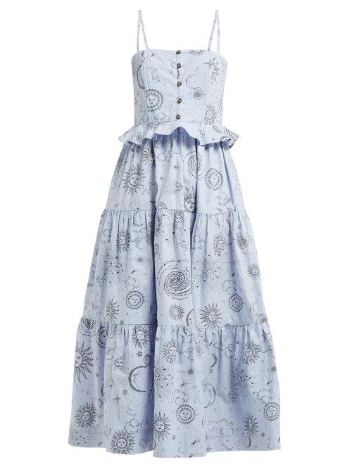 Matchesfashion.com Ganni - Over The Moon Print Poplin Midi Dress - Womens - Blue