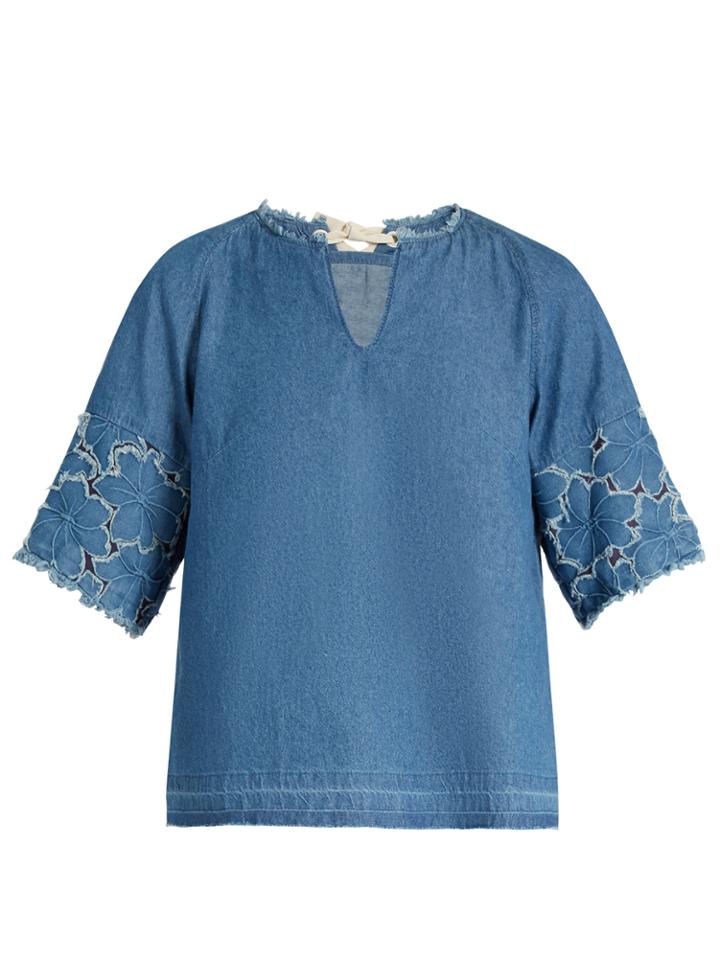 Muveil Floral-cuff Denim Top