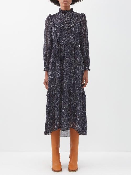 Cefinn - The Annie Molecular-print Georgette Midi Dress - Womens - Blue Navy