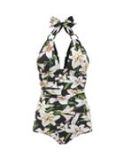 Matchesfashion.com Dolce & Gabbana - Lily Print Halterneck Ruched Swimsuit - Womens - Black Print