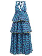 Matchesfashion.com Rhode Resort - Leela Tiered Abstract Print Cotton Midi Dress - Womens - Blue Print