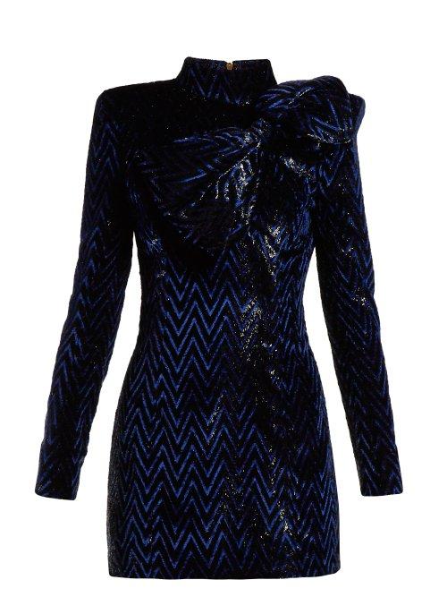 Matchesfashion.com Balmain - Chevron Striped Bow Embellished Mini Dress - Womens - Black Blue