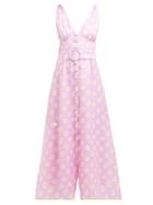 Matchesfashion.com Gl Hrgel - Belted Daisy Print Linen Midi Dress - Womens - Pink Print