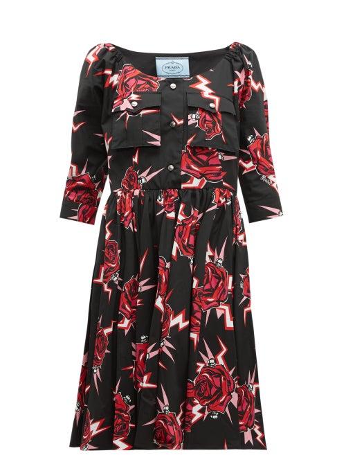Matchesfashion.com Prada - Frankenstein Print Cotton Knee Length Dress - Womens - Black Multi