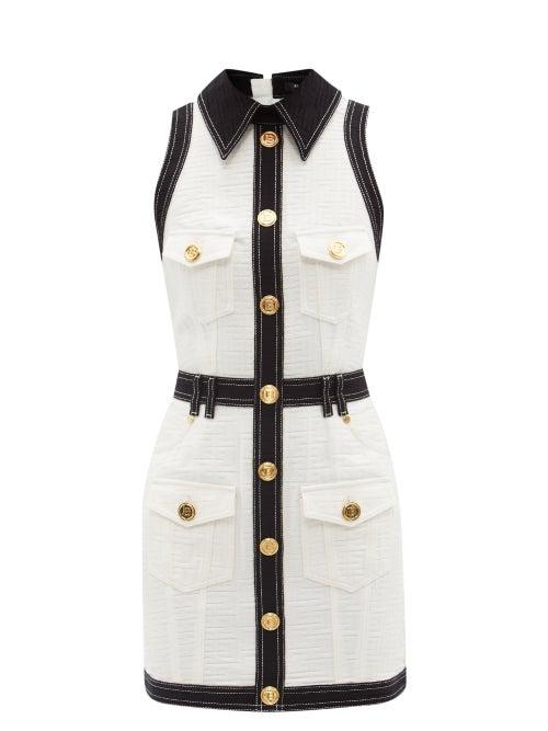 Balmain - Logo-jacquard Cotton Dress - Womens - White Black