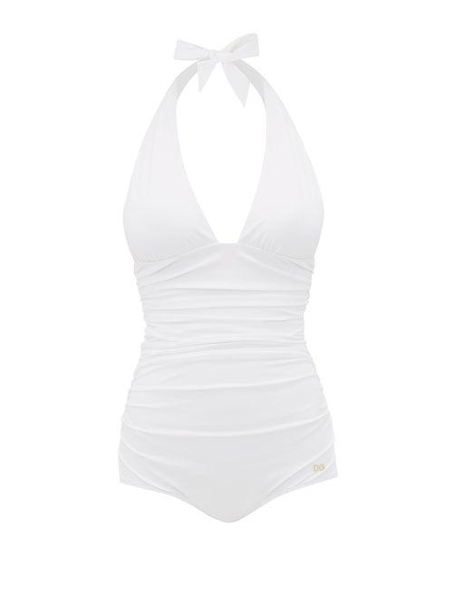 Matchesfashion.com Dolce & Gabbana - Ruched Side Halterneck Swimsuit - Womens - White