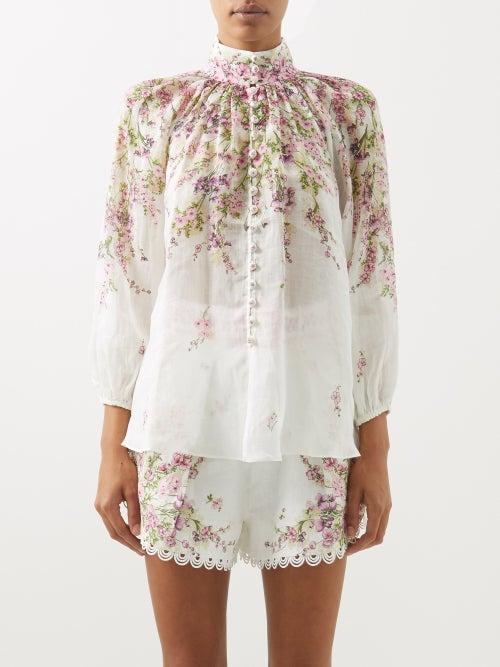 Zimmermann - Jude Floral-print Buttoned Ramie Blouse - Womens - White Pink